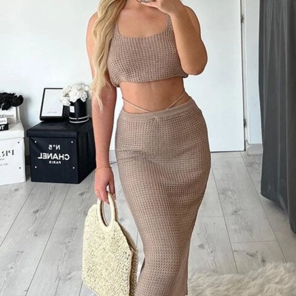 Tan 2 piece knit skirt and crop top knit coverup set - Picture 4 of 15